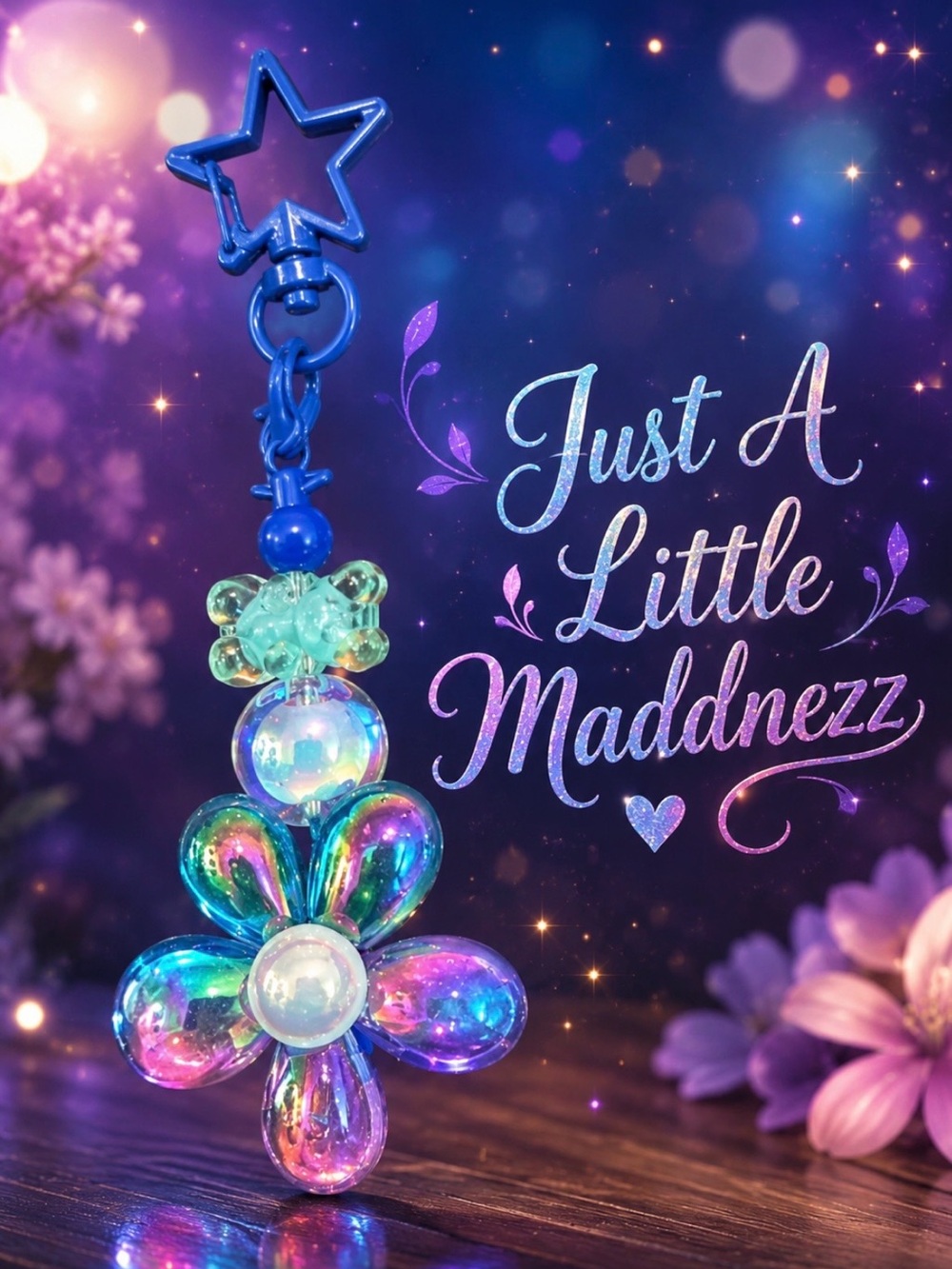 Iridescent Flower Keychain Charm in Blue